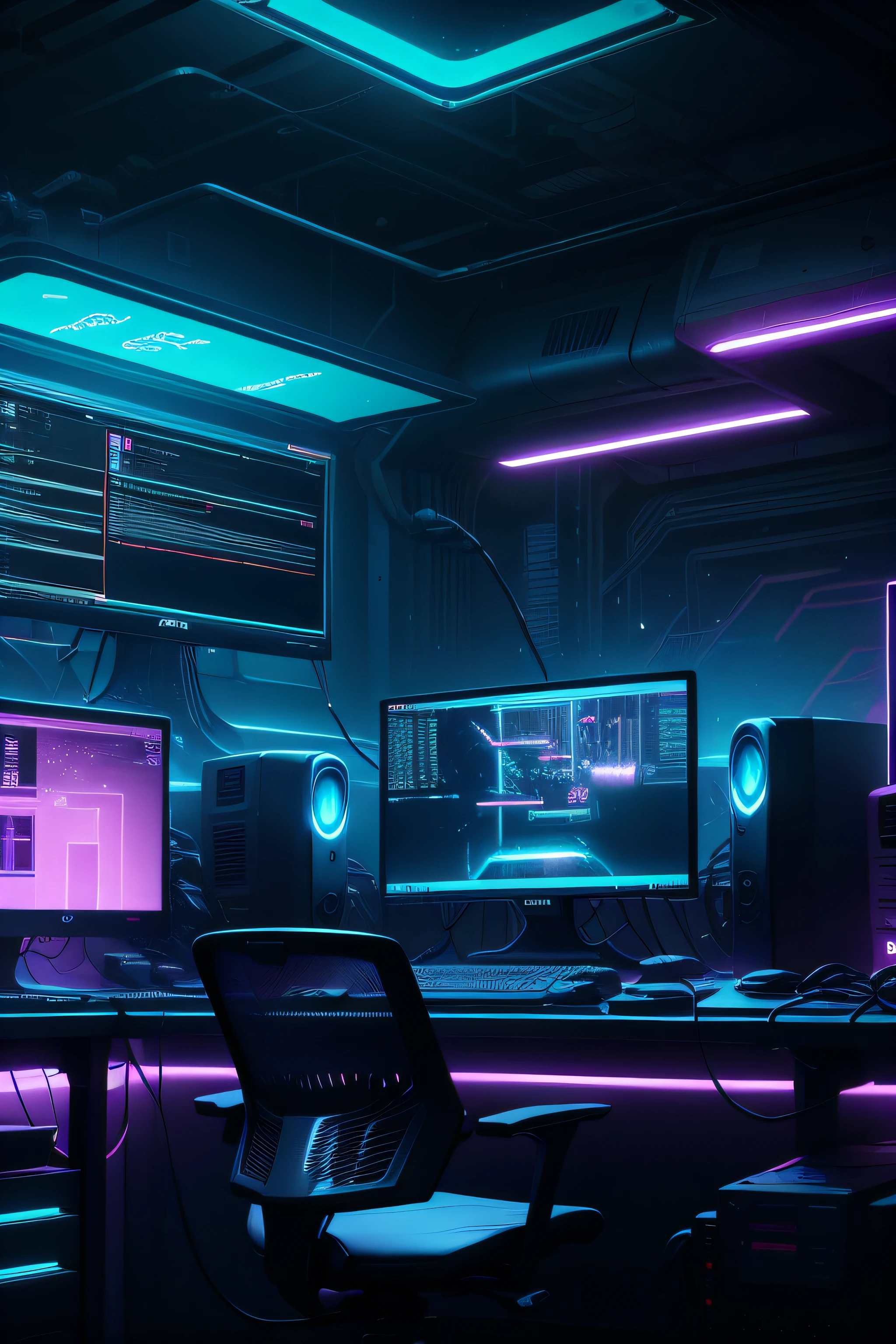 a dimly lit computer lab with lots of monitors and a keyboard, Cyberpunk scenario, Cyberpunk Setup, Neon cyber lighting, cyber space, cyberpunk with neon lighting, cyber neon lights, in a cyberpunk themed room, Cyberpunk interior, Player screen on metal table, cybernetic aesthetic, cyber style, computador sci-fi, cyber background, cyber installation, console and computer