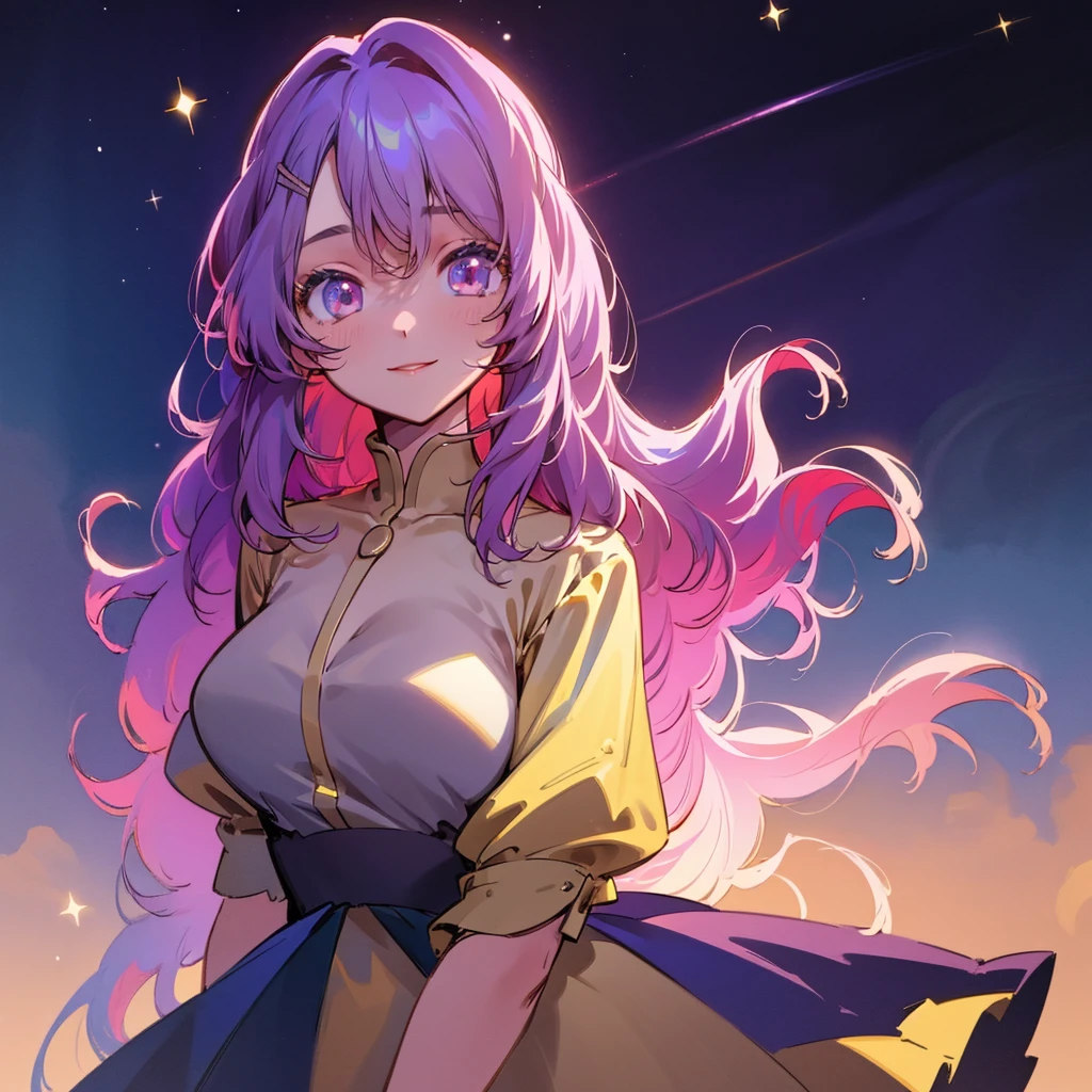 A beautiful young girl from the anime Oshi no Ko universe, ************, detailed facial features, warm smile, long flowing hair, elegant dress, standing in a starry night sky background, intricate details, cinematic lighting, vibrant colors, photorealistic, digital art, concept art style