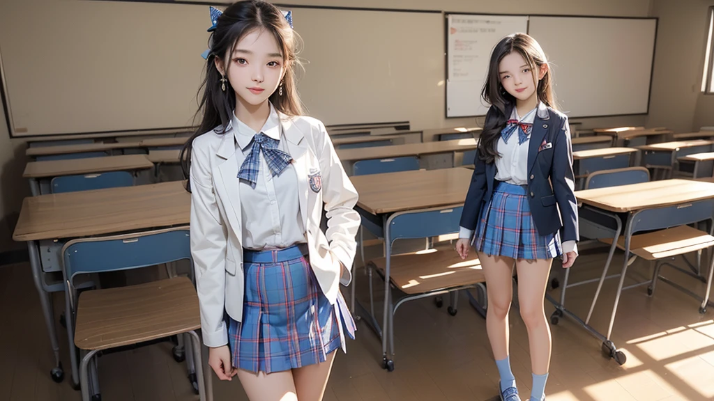((Highest quality, Super detailed, High resolution, Highly detailed CG, unity 8k wallpaper, By famous artists, Perfect Anatomy, Highly detailed skin, Cinema Lighting, 超High resolution, retina, Anatomically correct, 1080P)), ((Please draw a single One Girl walking in a classroom school:1.3)), ((One girl)), (alone, face,17 years old:2.0), high school student. Ichinose shiki, Long Hair, Both sides up, Hair Ribbon, Medium chest, Earrings, , School landscape background, classroom, Medium sized butt, between legs, Perfect Eyes, American blazer uniform girl ((White blouse with formal collar, Blue blazer, Blue plaid skirt, Red checkered ribbon on blouse)), Complete limbs, Full Finger, ((Perfect Fingers)), ((Detailed lighting)), ((Detailed Background)), (In school area), ((Full body image)), ((Are standing)), ((foot)), uwabaki shoes, Beautiful single women (One Girl), Full Body Shot. The background is school, Front body ((walking, Are standing)), Beautiful eyelashes, compensate, electric eyes, ((Perfect shoes))