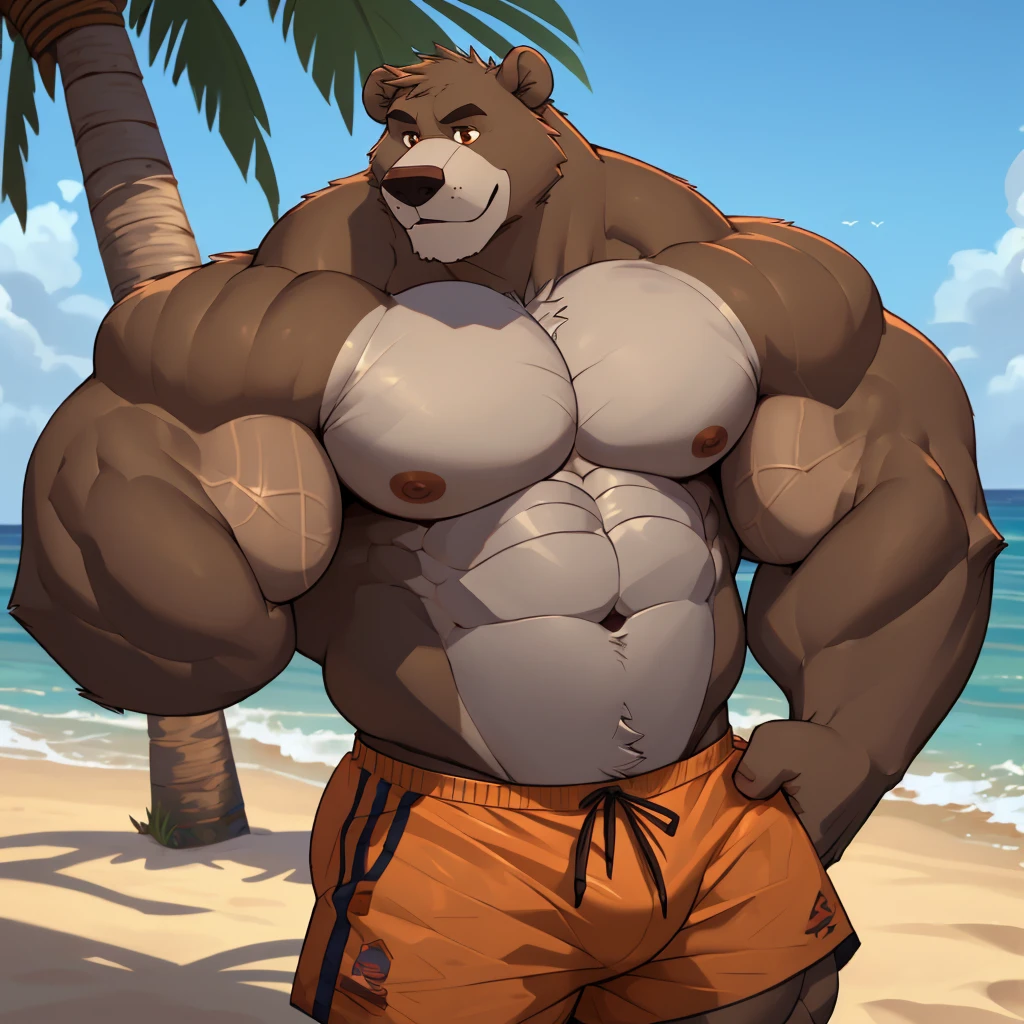 solo, 1boy, beach, size different, extremely huge muscular, massive muscular, Baloo, jungle book, grizzly bear, full-body, well-muscled bring shirtless in a black swim trunk shorts in beach. Flexing his arms. ((extremely muscle size, super thick arms, huge bidy, thick brown fur, extremely wide body and shoulder , huge arms)). and add details to make it attractive and interesting. Correct Anatomy, Add textures and details to make the image more realistic, such as the appearance of the shirt texture and the appearance of the skin. Make sure the resulting image is high resolution, 8K quality.", simple background, masterpiece, high detailed, 8k, high resolution
