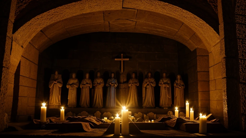 "Dramatic scene of tombs opening at the moment of Jesus' death, with the bodies of saints resurrecting and a divine light illuminating the scene."