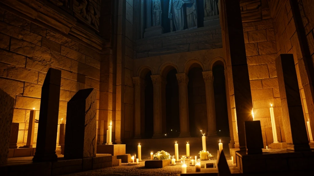 "Dramatic scene of tombs opening at the moment of Jesus' death, with the bodies of saints resurrecting and a divine light illuminating the scene."