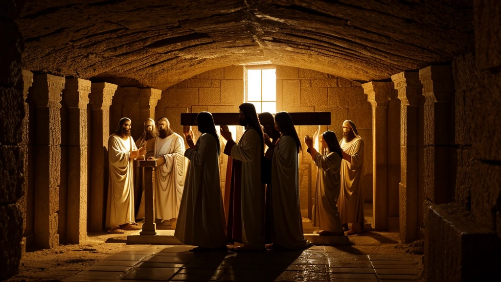 "Dramatic scene of tombs opening at the moment of Jesus' death, with the bodies of saints resurrecting and a divine light illuminating the scene."