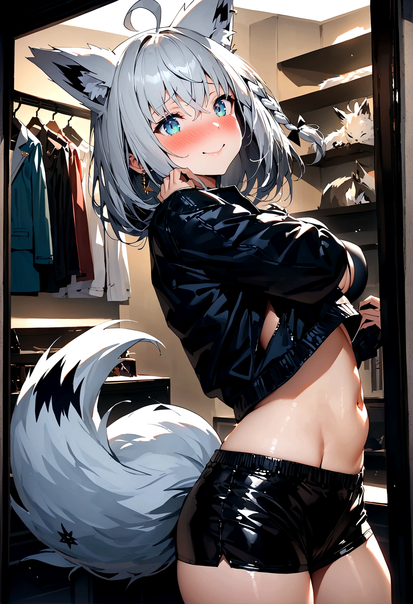 NSFW,masterpiece,Highest quality,High resolution,Super detailed,Shirakami Fubuki\(Hololive\),Gray Hair、One-sided braid、Ahoge、Earrings,Fox ears,Fox tail,Jacket,Crop top,Shorts,Embarrassed,blush,Expecting face,Seduce,smile,Lingerie Shop,Sexy atmosphere,Date,From the side