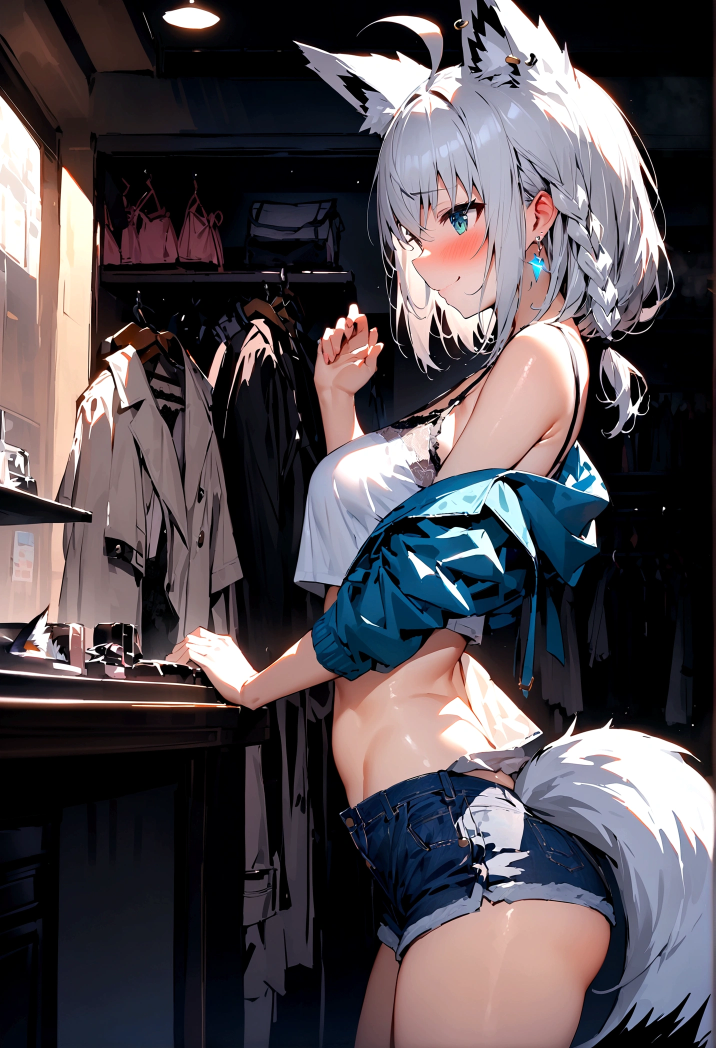NSFW,masterpiece,Highest quality,High resolution,Super detailed,Shirakami Fubuki\(Hololive\),Gray Hair、One-sided braid、Ahoge、Earrings,Fox ears,Fox tail,Jacket,Crop top,Shorts,Embarrassed,blush,Expecting face,Seduce,smile,Lingerie Shop,Sexy atmosphere,Date,From the side