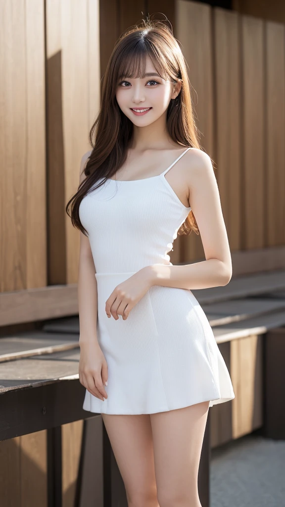 Top Quality, Shape, Highly Detailed, Fine details, High Resolution, 8k wallpaper, mini skirt,Wearing clothes with TOKI LABO written on it, full body ,Beautiful eyes, dress, blonde hair, sexy look, natural color lips, random sexy pose, smile, clean teeth, 20 year old girl, random background