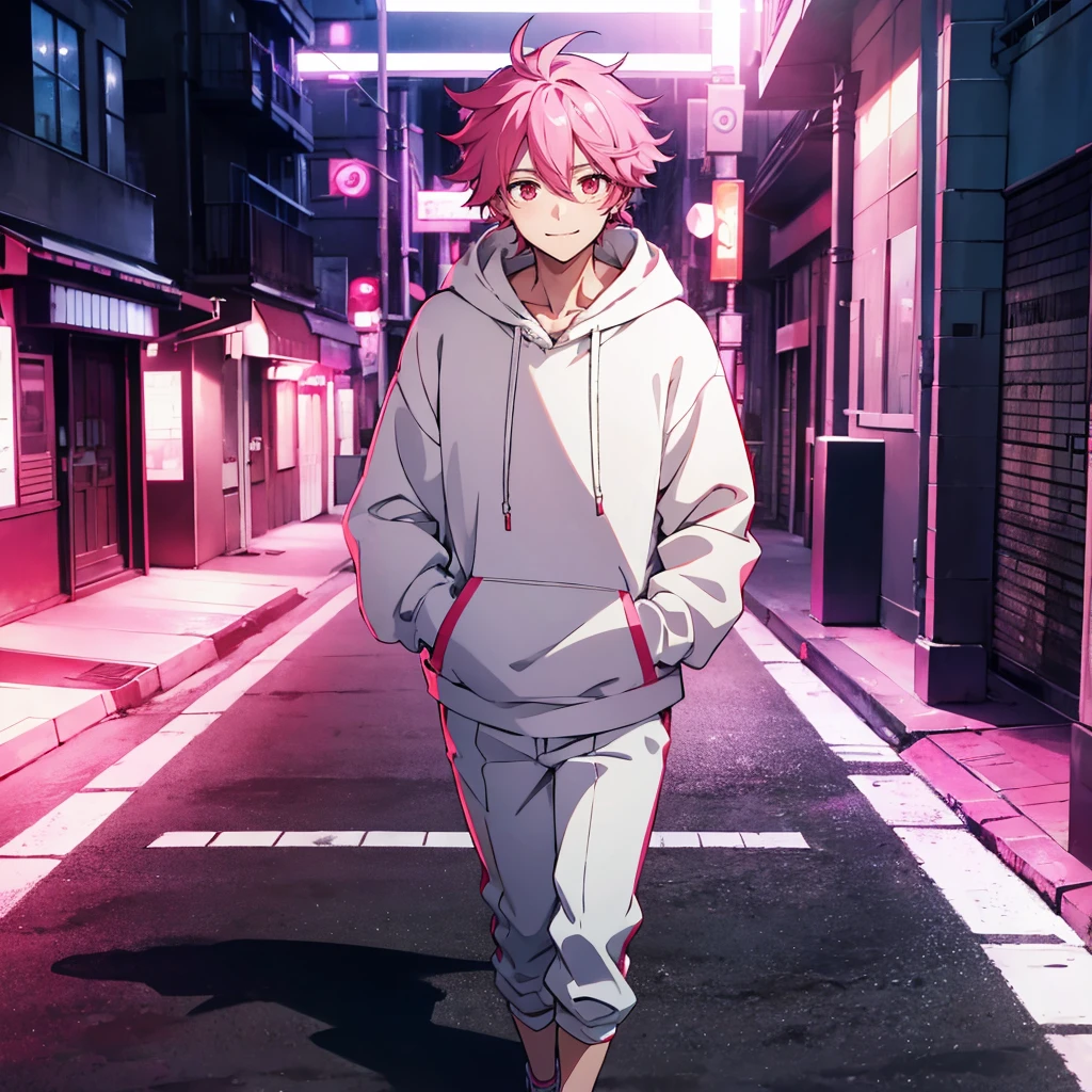 Male anime character, a boy with bright pink messy hair, bright red eyes, white hoodie, walking, smiling evilly, white pants, on a street, at night, (camera towards the body)