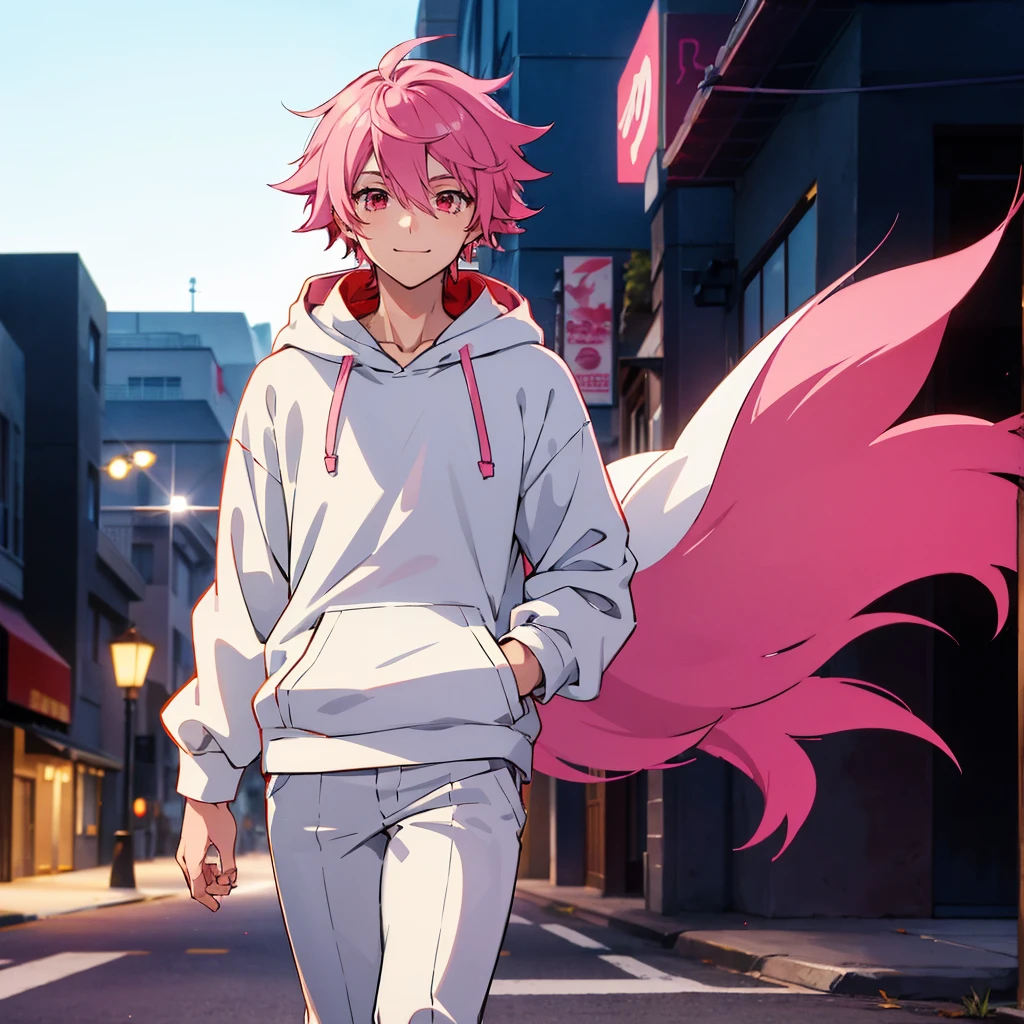 Male anime character, a boy with bright pink messy hair, bright red eyes, white hoodie, walking, smiling evilly, white pants, on a street, at night, (camera towards the body)