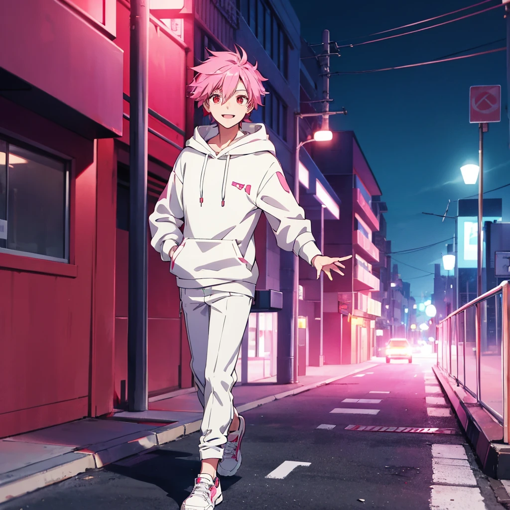 Male anime character, a boy with bright pink messy hair, bright red eyes, white hoodie, walking, smiling evilly, white pants, on a street, at night, (camera towards the body)