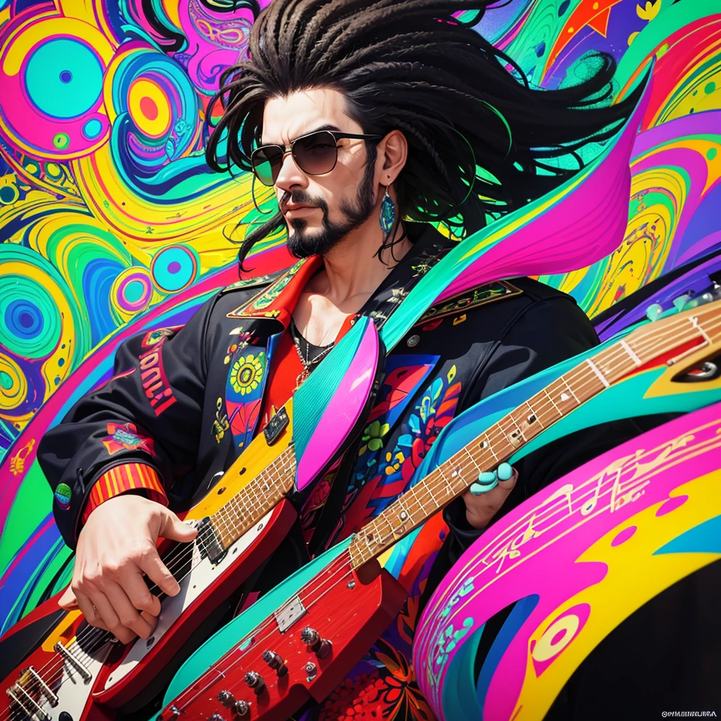 Create an image of Raul Seixas, the iconic Brazilian rock musician, in a psychedelic style. Raul should have his signature long hair and beard, wearing round sunglasses. He is dressed in a colorful, vibrant outfit with patterns reminiscent of the 70s. The background should be filled with swirling, vivid colors and abstract shapes, creating a trippy, surreal atmosphere. Include musical elements like guitars and musical notes floating around him, and perhaps some references to his famous songs, such as "Maluco Beleza" and "Sociedade Alternativa." The overall feel should be dynamic and energetic, capturing the essence of his music and personality.