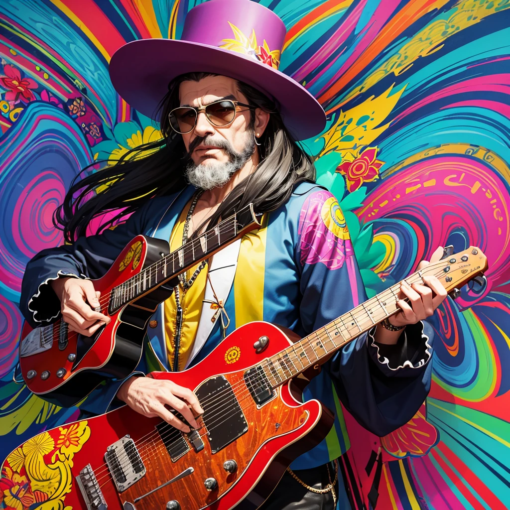 Create an image of Raul Seixas, the iconic Brazilian rock musician, in a psychedelic style. Raul should have his signature long hair and beard, wearing round sunglasses. He is dressed in a colorful, vibrant outfit with patterns reminiscent of the 70s. The background should be filled with swirling, vivid colors and abstract shapes, creating a trippy, surreal atmosphere. Include musical elements like guitars and musical notes floating around him, and perhaps some references to his famous songs, such as "Maluco Beleza" and "Sociedade Alternativa." The overall feel should be dynamic and energetic, capturing the essence of his music and personality.