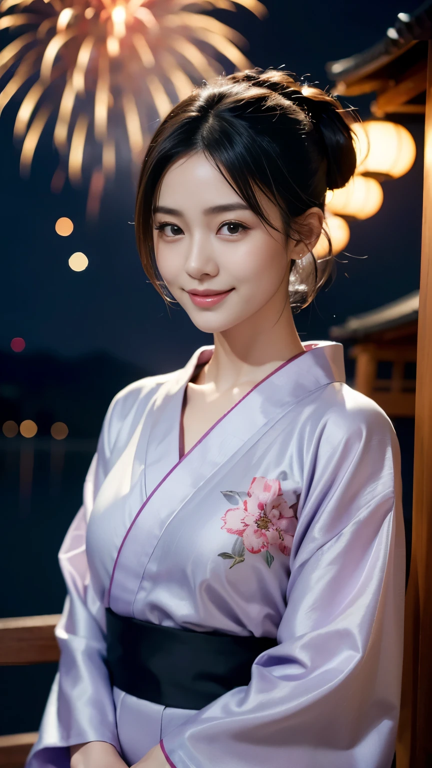 [super high quality,Masterpiece,Ultra high definition],((Japanese,woman,1 person,Super Beauty,Japanese beauty,A shy smile)),(seven-headed body,Model Body Type,Beautiful Skin,Dark brown eyes,a little sweaty),(Short Hair,Black Hair,Hair tied up),(A lustrous yukata,A light purple yukata with a floral pattern),Watching fireworks in the night sky