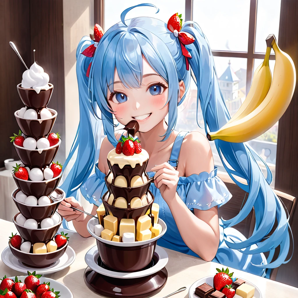 Light blue long hair、Beautiful girl with twin tails、Enjoying a large chocolate fondue tower、Bright smile、marshmallow、banana、strawberry