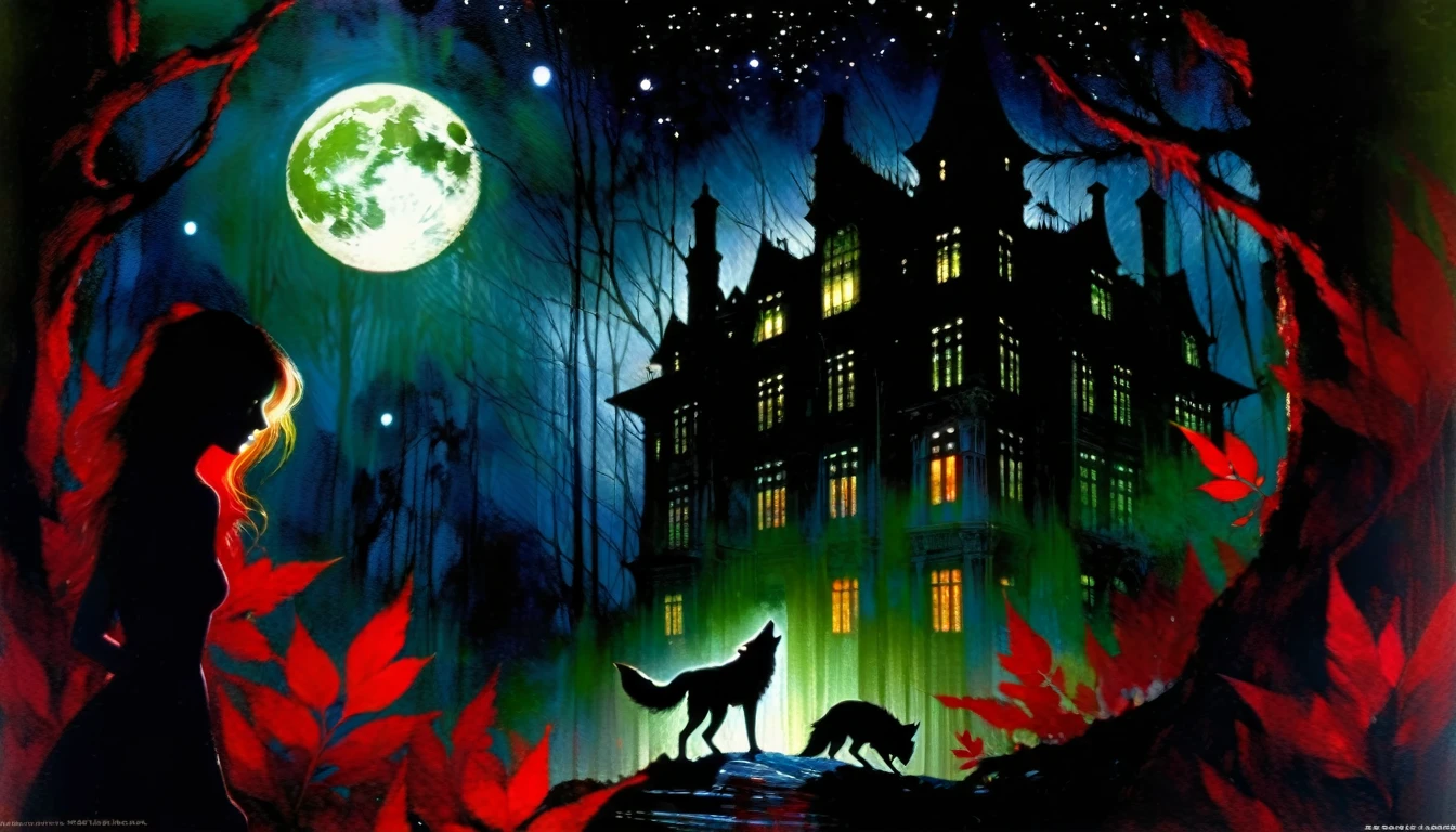 a decaying abandoned mansion in a lush overgrown forest, full moon glowing red in a dark night sky, shadowy wolf silhouettes prowling through the scene, twinkling stars, (best quality, 4k, 8k, highres, masterpiece:1.2), ultra-detailed,(realistic, photorealistic, photo-realistic:1.37), oil painting, intricate brushstrokes, dramatic lighting, dark moody atmosphere, chiaroscuro, Bill Sienkiewicz inspired art