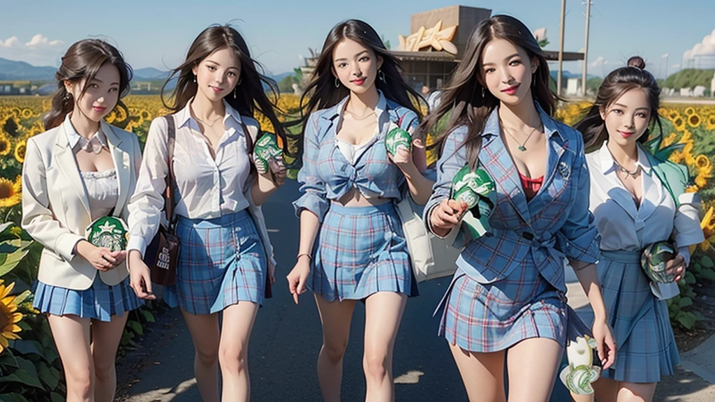 8K、RAW Photos、Highest quality、Super detailed、Super Resolution、Ultra HD、8K壁紙、Amazing details American blazer uniform girl ((White blouse with formal collar, Blue blazer, Blue plaid skirt, Red checkered ribbon on blouse)), Complete limbs, Full Finger, A large sunflower field in the countryside、Straight road、Walk through the sunflower field,smile、sun、School bag、Heart Necklace (Emphasize cleavage) (((Full body photo))) ((Blue sky))
(((((Having a Starbucks Coffee)))))
