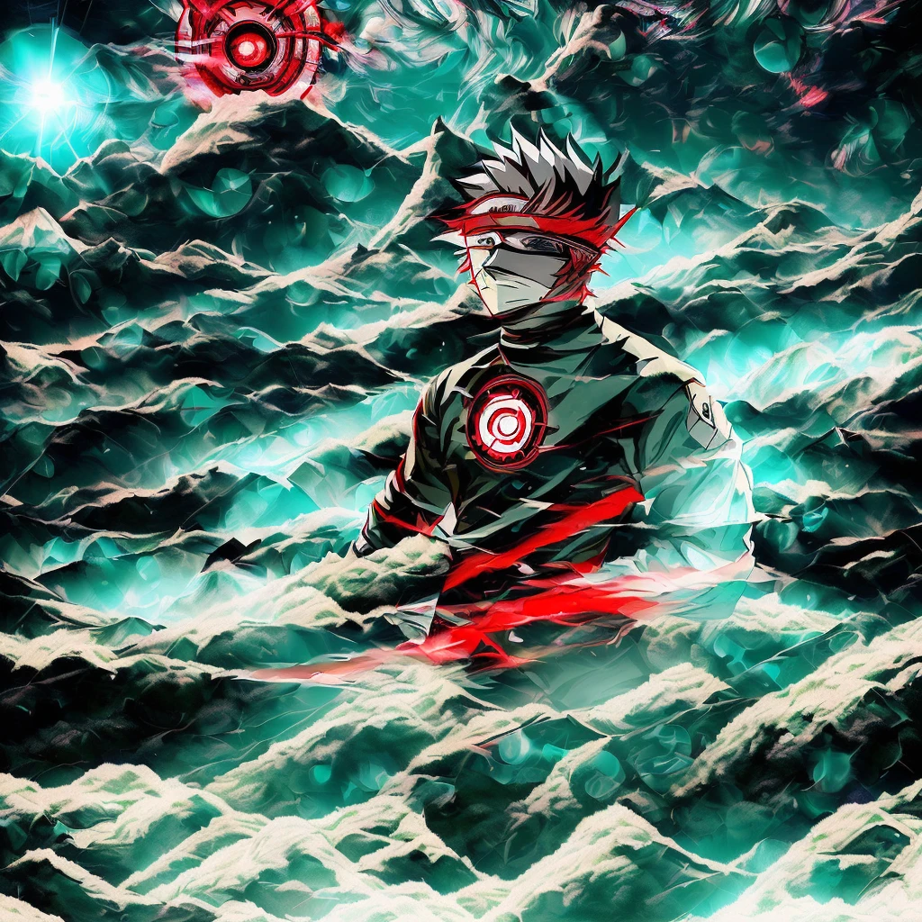 Obra-prima melhor qualidade 1 cara anime, ((Personagem Kakashi Hatake"Red Cult Leader,usando coroa branca e pitbulls,Black Spirit Effect,centered composition, Dust particle blowing effect, VFX extra, Post-Processed Refined Final Illustration(vista lateral virada para o lado)Backlit rim lighting,3D Smoke Effect