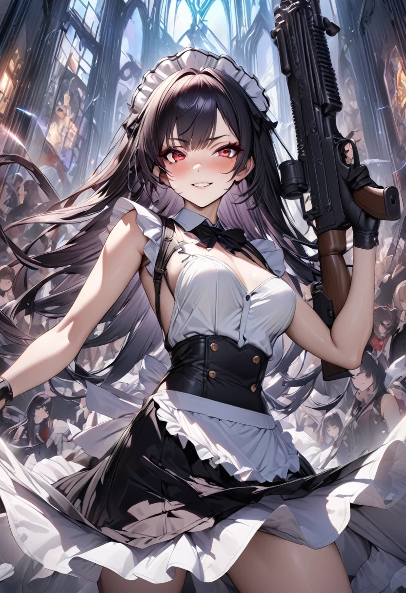 (Perfect Anatomy)、Mastepiece、Ultra High Quality、 8K、Photorealistic、masterpiece、Highest quality、Ultra-high resolution、Maximum resolution、Very detailed、Professional Lighting、anime、Adult female、thin、 beautiful、Highly detailed eye、high school girl、Maid clothes、Equipped with an assault rifle、(((Scar L )))、Red Eye、Black Hair、Long hangerless gloves、Red glasses、Join the battlefield alone、Holding a gun with both hands、smile、