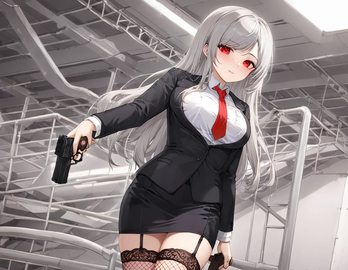 A shot fired from a pistol into the chest of a gentleman in a black suit.、A large amount of fresh red blood overflowing from the chest、fire a handgun、She lifts her skirt with both hands、Showing off cute white underwear.、Black garter belt、Black rough fishnet stockings、Plain white shirt with a red tie、Standing posture、Abandoned Factory