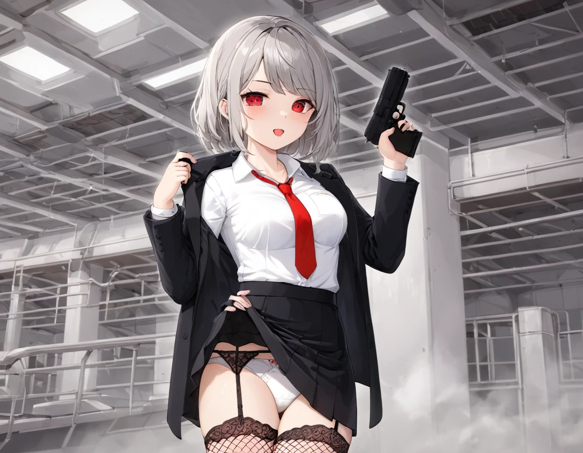A shot fired from a pistol into the chest of a gentleman in a black suit.、A large amount of fresh red blood overflowing from the chest、fire a handgun、She lifts her skirt with both hands、Showing off cute white underwear.、Black garter belt、Black rough fishnet stockings、Plain white shirt with a red tie、Standing posture、Abandoned Factory