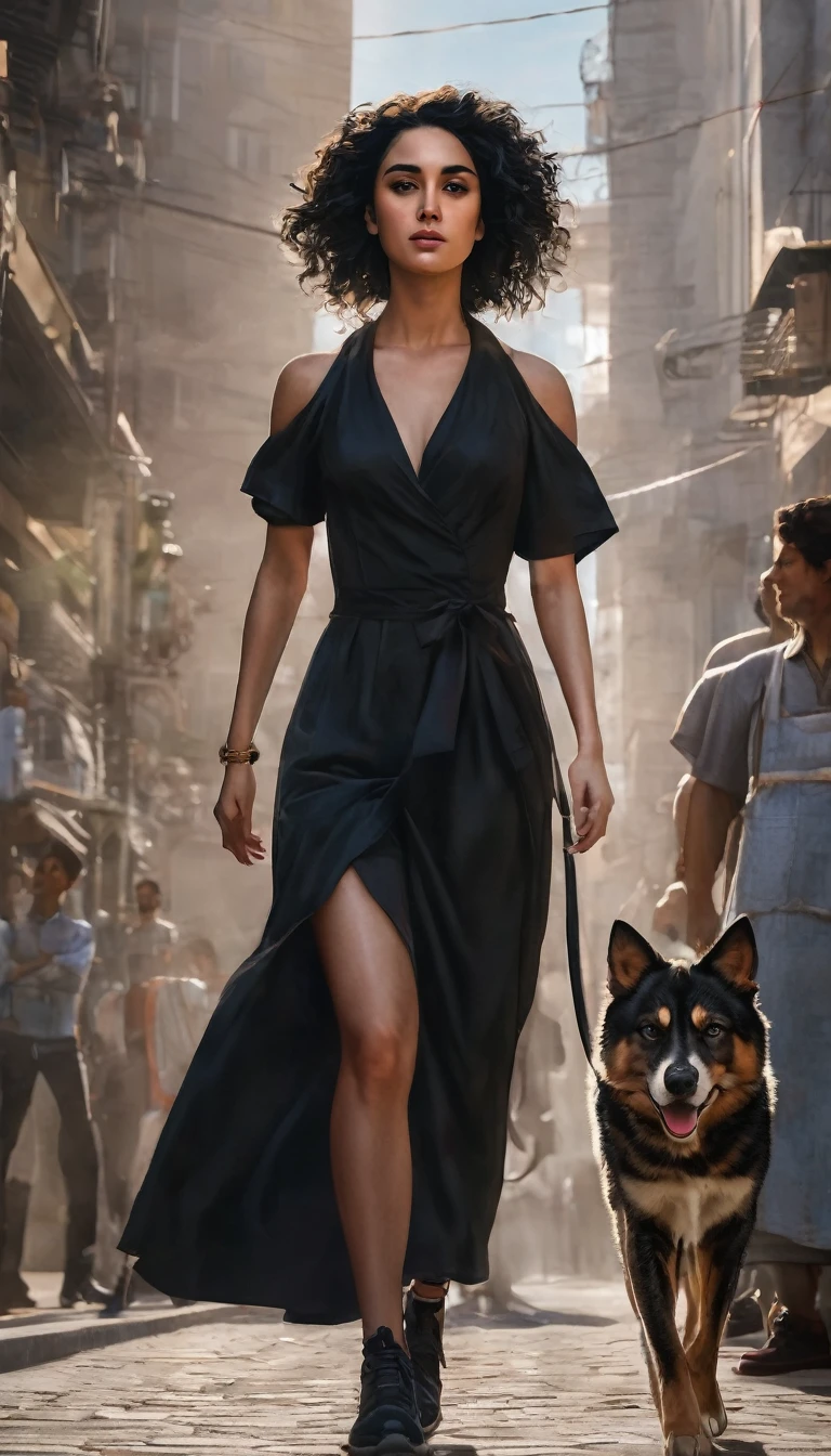 
In the image, a 24-year-old woman with a full-body, ultra-realistic 8K portrait is walking down the street. She has a small face with small, intense black eyes, thick eyebrows, a small and thin mouth, and slightly bronzed skin. Her long, heavy, and curly black hair cascades down. Standing at 1.57m tall, she has a beautiful and intimidating presence. In the background, Jesus is depicted watching over her, protecting her from surrounding demons.

