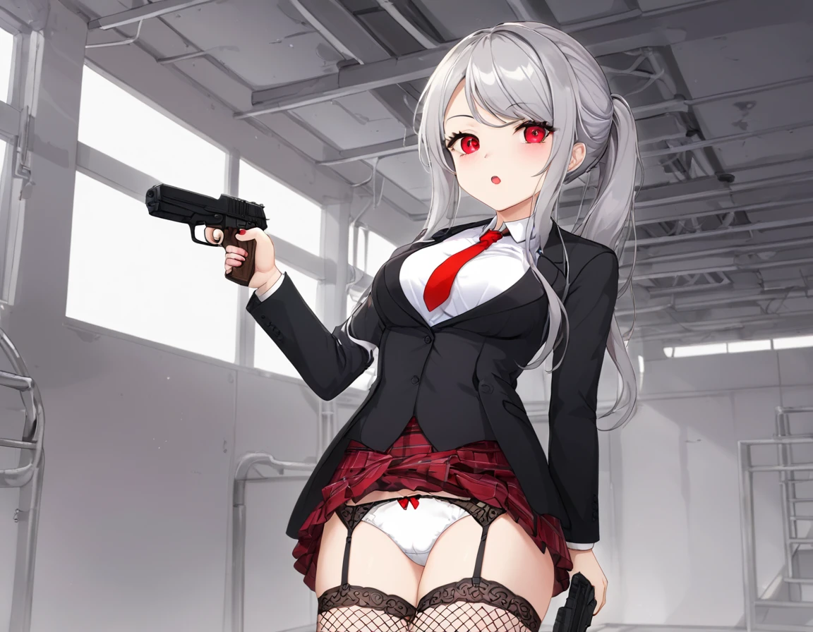 A shot fired from a pistol into the chest of a gentleman in a black suit.、A large amount of fresh red blood overflowing from the chest、fire a handgun、She lifts her skirt with both hands、Showing off cute white underwear.、Black garter belt、Black rough fishnet stockings、Plain white shirt with a red tie、Standing posture、Abandoned Factory