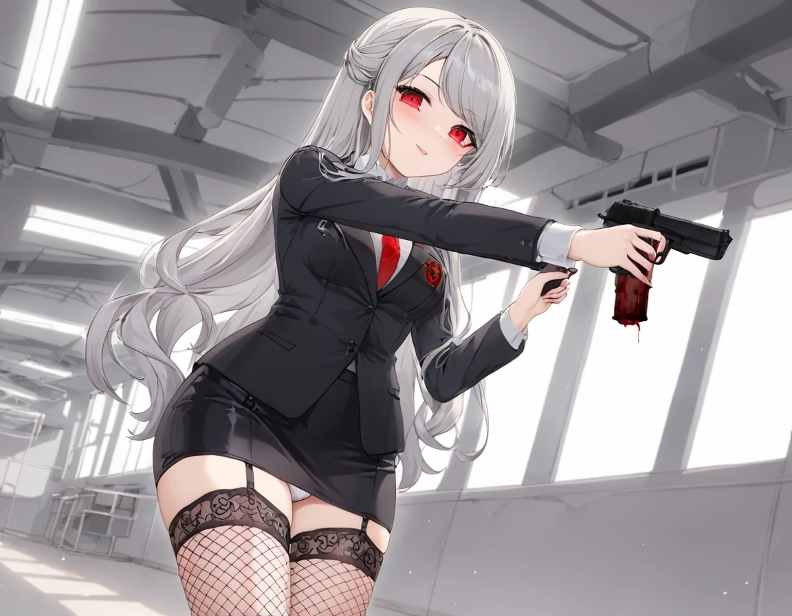 A shot fired from a pistol into the chest of a gentleman in a black suit.、A large amount of fresh red blood overflowing from the chest、fire a handgun、She lifts her skirt with both hands、Showing off cute white underwear.、Black garter belt、Black rough fishnet stockings、Plain white shirt with a red tie、Standing posture、Abandoned Factory