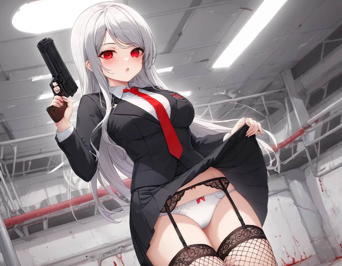 A shot fired from a pistol into the chest of a gentleman in a black suit.、A large amount of fresh red blood overflowing from the chest、fire a handgun、She lifts her skirt with both hands、Showing off cute white underwear.、Black garter belt、Black rough fishnet stockings、Plain white shirt with a red tie、Standing posture、Abandoned Factory