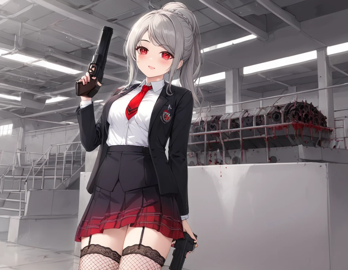 A shot fired from a pistol into the chest of a gentleman in a black suit.、A large amount of fresh red blood overflowing from the chest、fire a handgun、She lifts her skirt with both hands、Showing off cute white underwear.、Black garter belt、Black rough fishnet stockings、Plain white shirt with a red tie、Standing posture、Abandoned Factory