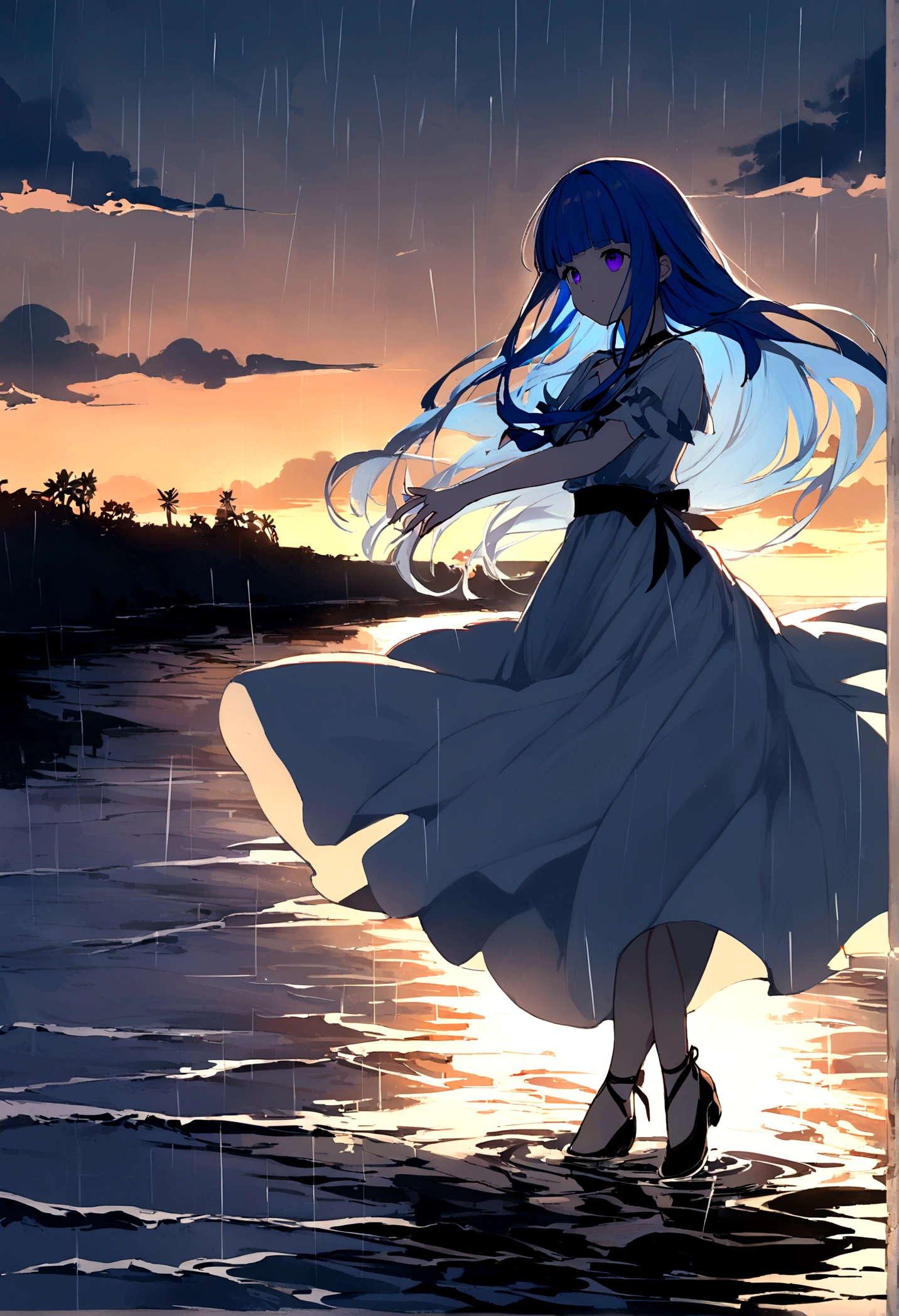1 Girl, alone, Blue Hair, Purple eyes, Long Hair, blunt bangs, bangs, dawn, Seaside, (rain), Girl, (dance), Water&#39;s Edge, Flowing Dresses, Sky Color, reflection, rainの中のジャンプ, splash, joy, Sense of liberation, Dramatic atmosphere, Light and shadow contrast, The sound of the sea, Harmony with Nature