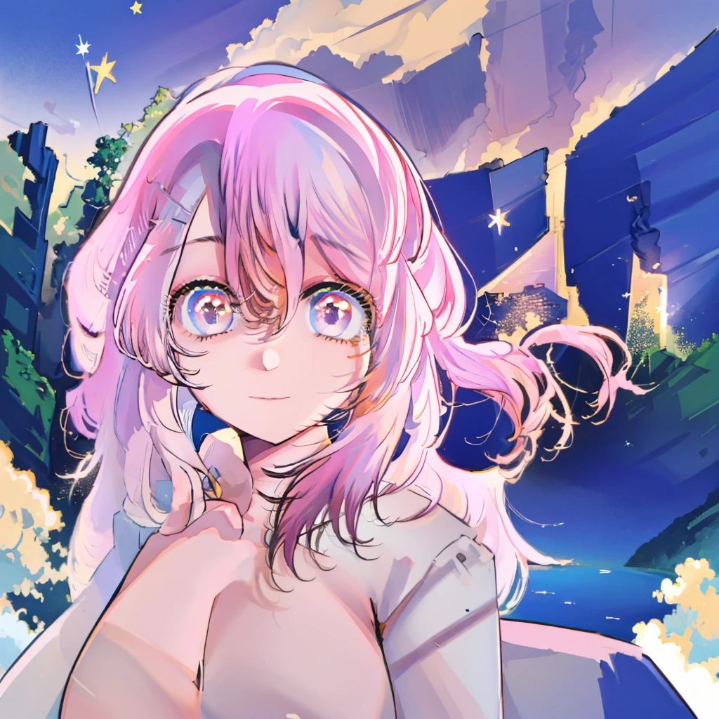 A beautiful young girl from the anime Oshi no Ko universe, , detailed facial features, warm smile, long flowing hair, elegant dress, standing in a starry night sky background, intricate details, cinematic lighting, vibrant colors, photorealistic, digital art, concept art style