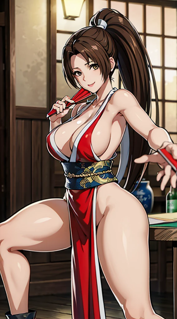(((Intense action pose:1.6)))、((8K)), ((32k)), ((Highest quality)), ((masterpiece)), ((超High resolution)), ((Tmasterpiece)), (((head shot:1.6)))、((8K)), ((32k)), ((Highest quality)), ((masterpiece)), ((超High resolution)), Fine skin、女性1 person、pink sexy dresses、((Mai Shiranui:1.2)), Expose your shoulders、Brown Hair, Brown eyes, Long and high ponytail, hair band,  1 person、Captivating smile, 25 years old, Japanese Mature, beautiful指, beautiful長い脚, beautiful体, beautiful鼻, beautifulキャラクターデザイン, Perfect Eyes, Perfect Face, jewelry, hair ornaments, king of fighters,((Large Handheld Fan:1.6))、
(Tabletop, Highest qualityの, Highest quality, beautifully、beautiful: 1.2), Very detailed, More detailed,適切な体のProfessionalポーション,Tabletop,Ultra-high quality output images,High resolution,Intricate details,Very delicate and beautiful hair,Realistic photos,dream-like,Professionalの照明,Realistic Shadows,Focus Only,
(Big Breasts:1.2,) , フローティングスカートFine skinの質感, High quality fabric, High quality metallic texture、((Beautiful and dense face))、RAW Photos、Professional, Ultra-fine painting, ((alone)), beautiful胸、Highest quality, Very detailed, Very detailed詳細, Finer details, so beautiful,(Five Fingers, Four fingers and thumb),Concept Art, Anime fantasy artwork, Detailed fantasy art,8KHigh resolution, Detailed Art, 8 Slim legs, Defined, Defined fingers