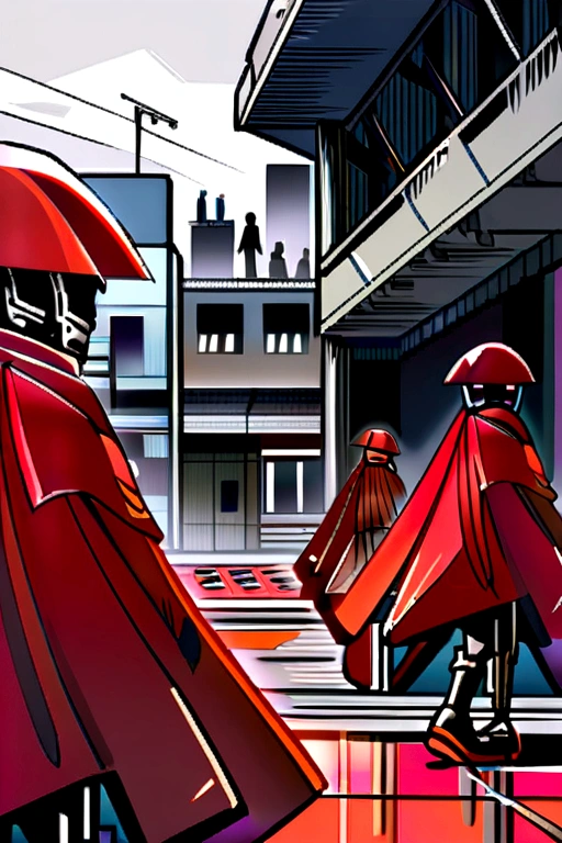 Some Spartans walking in the rain surrounded by modern buildings in ruins (one of these Spartans is slightly larger than the rest and wears a red cape)