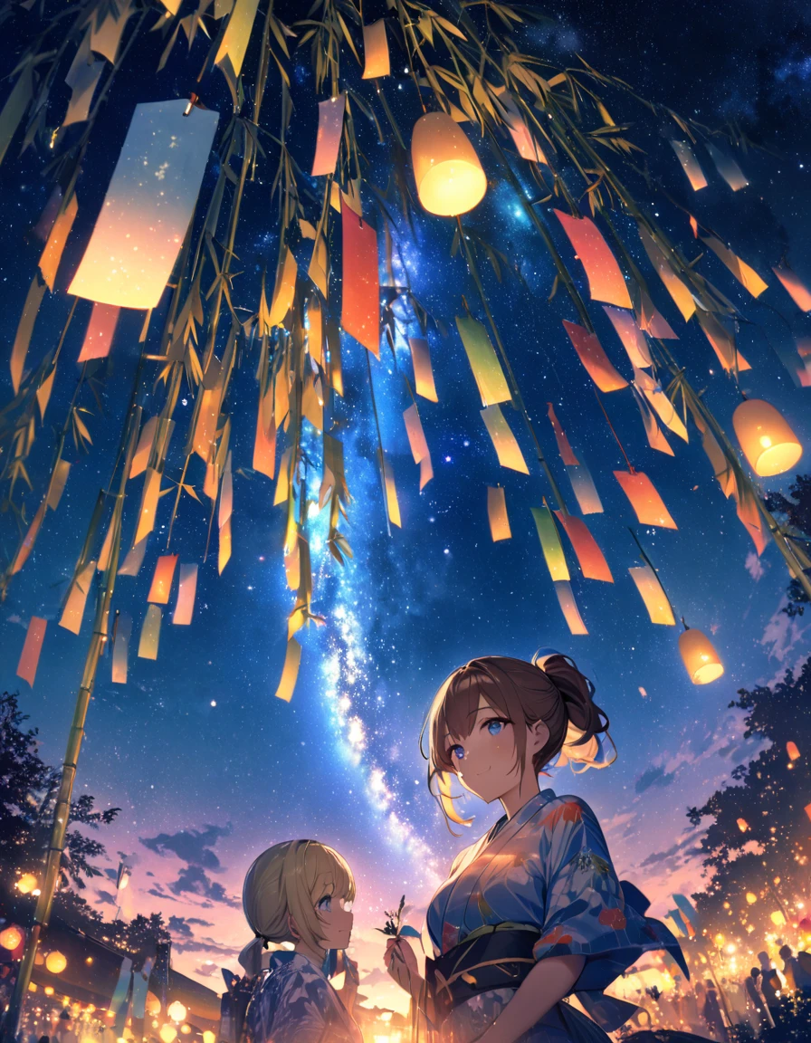 Highest quality, masterpiece, The girl who grants wishes,blonde,blue eyes,Double exposure, The best smile, Look up at the sky, yukata, milky way, Night view, Tanabata Festival, Large bamboo and colorful hanging ornaments,Golden light particle effect、Japanese Events、Tanabata decoration、Bamboo、wish、ponytail、Brown Hair、Blue eyes