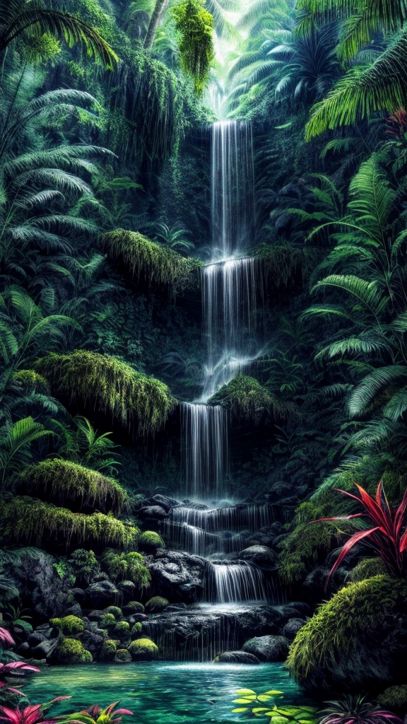 sunny tropical jungle vivid colors asymmetrical waterfall into shallow pool rough chiseled large moss covered boulders (colorful plants:1.2) volumetric fog high contrast
(masterpiece:1.2) (flat vector illustration:1.1) (best quality:1.2) (detailed) (intricate) (8k) (HDR) (wallpaper) (cinematic lighting) (sharp focus)
