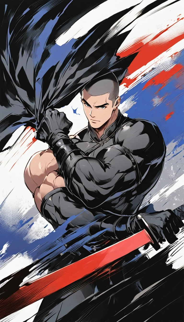 Chinese swordsman,Male swordsman,muscular,Short curly hair,Buzz Cut,Cover your eyes with a black cloth,Explosive muscles,Black spandex tights,Handsome,perfect pupils,Simple lines,Abstract Art,Holding a red long sword,
