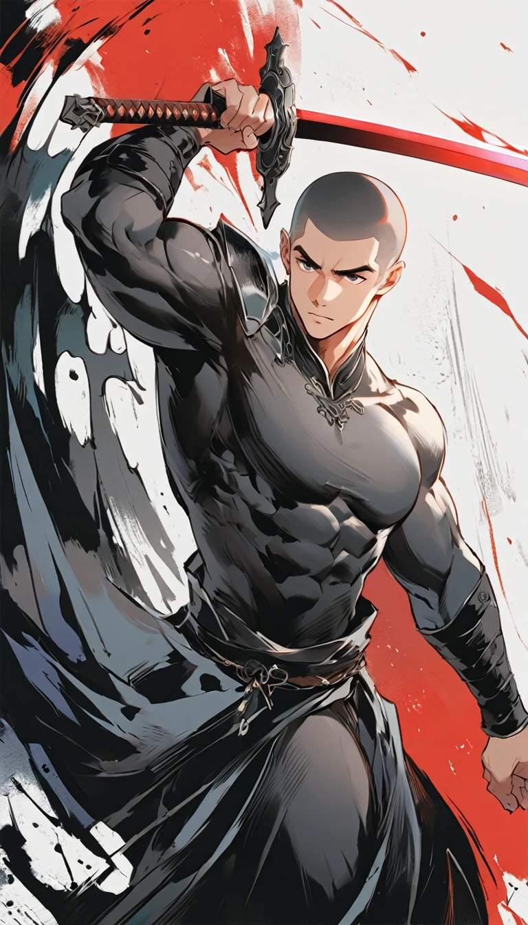 Chinese swordsman,Male swordsman,muscular,Short curly hair,Buzz Cut,Cover your eyes with a black cloth,Explosive muscles,Black spandex tights,Handsome,perfect pupils,Simple lines,Abstract Art,Holding a red long sword,