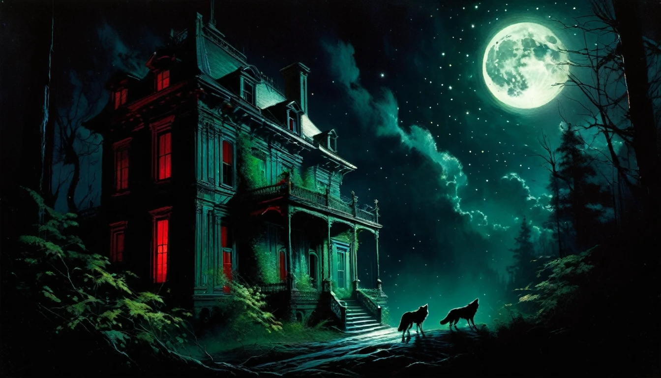 a decaying abandoned mansion in a lush overgrown forest, full moon glowing red in a dark night sky, shadowy wolf silhouettes prowling through the scene, twinkling stars, (best quality, 4k, 8k, highres, masterpiece:1.2), ultra-detailed,(realistic, photorealistic, photo-realistic:1.37), oil painting, intricate brushstrokes, dramatic lighting, dark moody atmosphere, chiaroscuro, Bill Sienkiewicz inspired art
