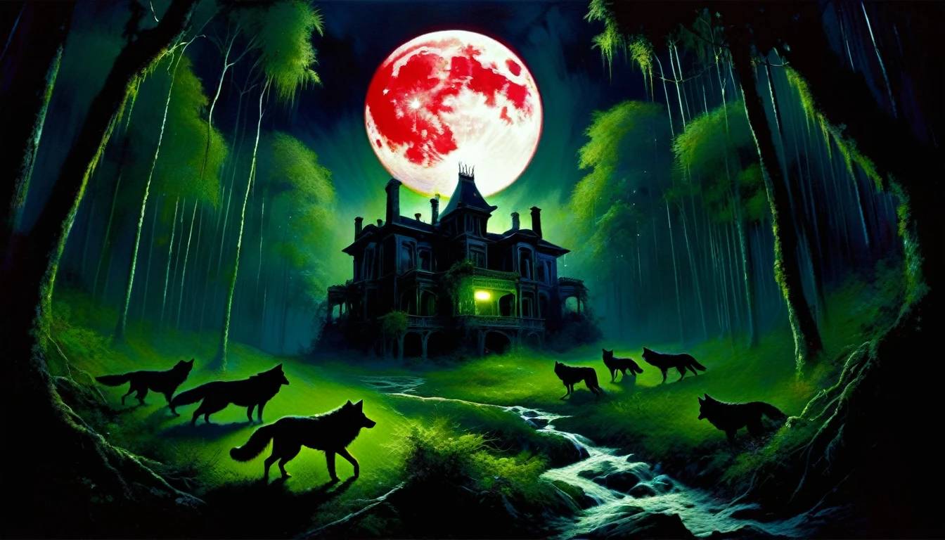 a decaying abandoned mansion in a lush overgrown forest, full moon glowing red in a dark night sky, shadowy wolf silhouettes prowling through the scene, twinkling stars, (best quality, 4k, 8k, highres, masterpiece:1.2), ultra-detailed,(realistic, photorealistic, photo-realistic:1.37), oil painting, intricate brushstrokes, dramatic lighting, dark moody atmosphere, chiaroscuro, Bill Sienkiewicz inspired art