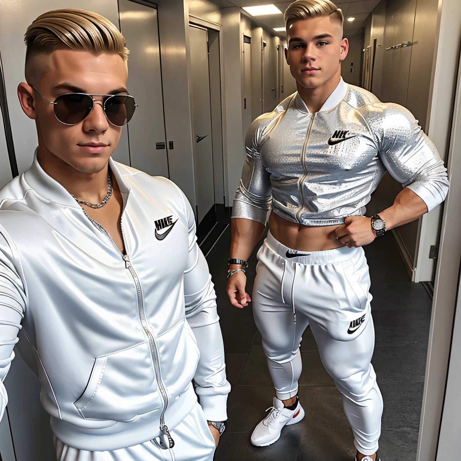 full view full body, a Cute, big, beefy, thick, white european teen bodybuilder, muscular, with blonde undercut clean haircut, nerdy, dorky, selfie, portrait, wearing tight white Nike trackie pants, white Nike socks, black shiny bomber jacket, silver rings, chunky silver chains and bracelets, University corridors