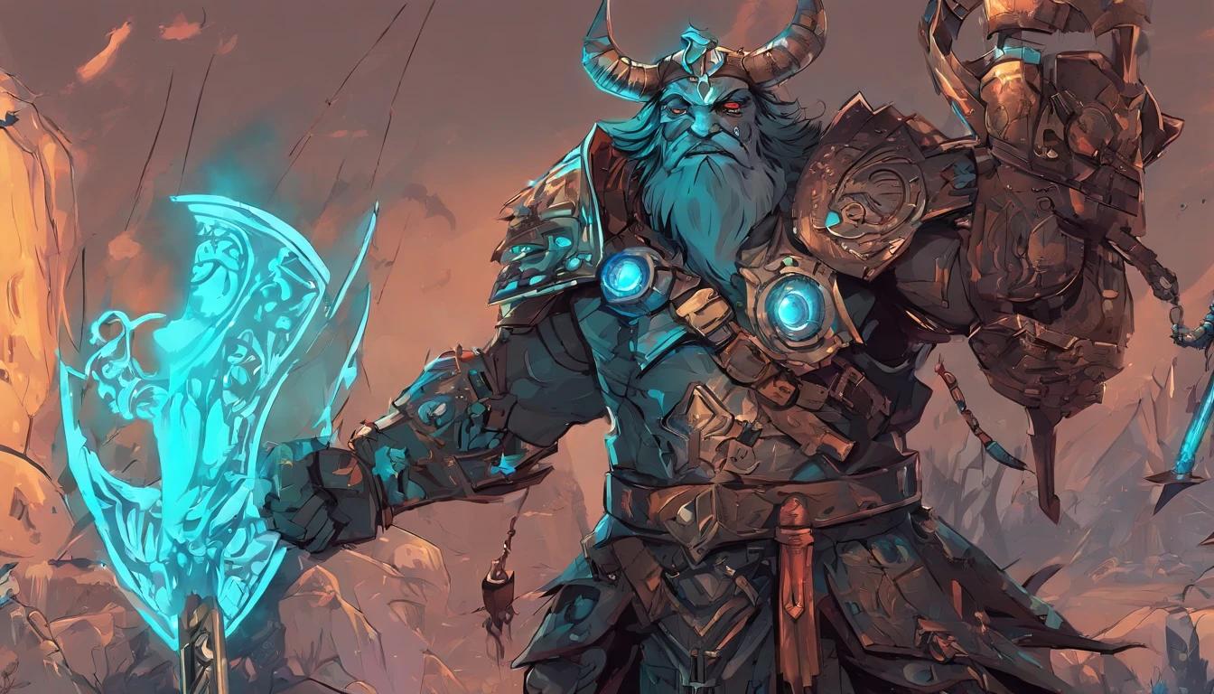 Ancient anime style, artbook, comicbook, RPG, futuristic medieval, steampunk.  A magical ice minotaur dwarf warrior, wearing battle armor with glowing magic markings, dynamic pose, full body, human face with glowing magical tribal tattoos with cool tones, minotaur features, metallic blue horns with glowing magic markings, minitaur tail , magical blue stone skin with glowing carved marks, glowing eyes, using a technological magic long ax with glowing magic circuits.  In a metropolis of a kingdom of an ancient civilization of dwarves with advanced technology, with tall buildings with neon details, mixing technology with magical vegetation, steampunk.  Wide scenery, cinematic scene with several layers of depth, dynamics, magical lighting.