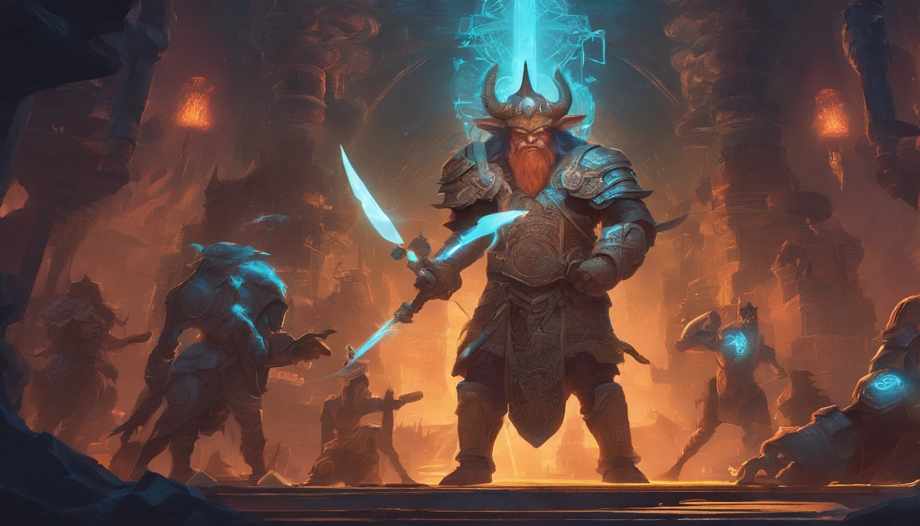 Ancient anime style, artbook, comicbook, RPG, futuristic medieval, steampunk.  A magical ice minotaur dwarf warrior, wearing battle armor with glowing magic markings, dynamic pose, full body, human face with glowing magical tribal tattoos with cool tones, minotaur features, metallic blue horns with glowing magic markings, minitaur tail , magical blue stone skin with glowing carved marks, glowing eyes, using a technological magic long ax with glowing magic circuits.  In a metropolis of a kingdom of an ancient civilization of dwarves with advanced technology, with tall buildings with neon details, mixing technology with magical vegetation, steampunk.  Wide scenery, cinematic scene with several layers of depth, dynamics, magical lighting.
