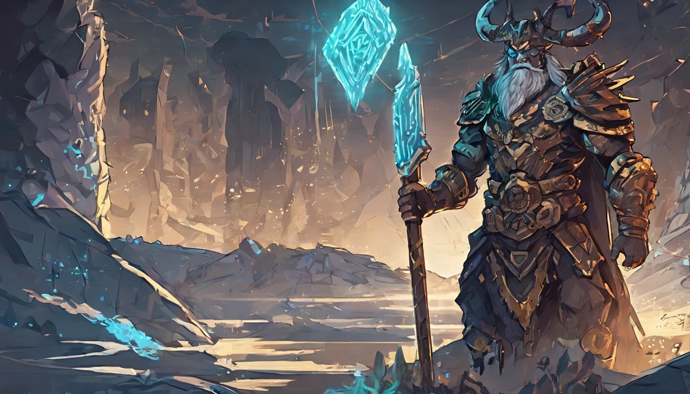 Ancient anime style, artbook, comicbook, RPG, futuristic medieval, steampunk.  A magical ice minotaur dwarf warrior, wearing battle armor with glowing magic markings, dynamic pose, full body, human face with glowing magical tribal tattoos with cool tones, minotaur features, metallic blue horns with glowing magic markings, minitaur tail , magical blue stone skin with glowing carved marks, glowing eyes, using a technological magic long ax with glowing magic circuits.  In a metropolis of a kingdom of an ancient civilization of dwarves with advanced technology, with tall buildings with neon details, mixing technology with magical vegetation, steampunk.  Wide scenery, cinematic scene with several layers of depth, dynamics, magical lighting.