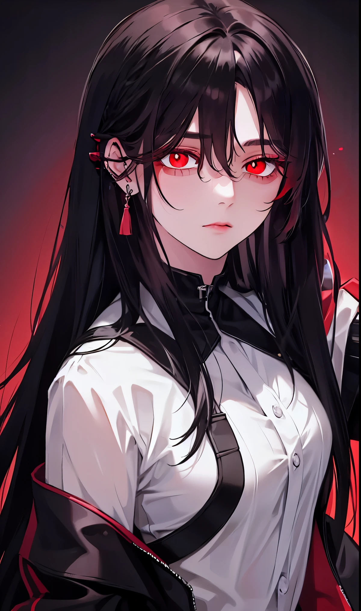 1girl, earrings, solo,lips, female focus, red eyes, looking at viewer, black hair, long hair, closed mouth