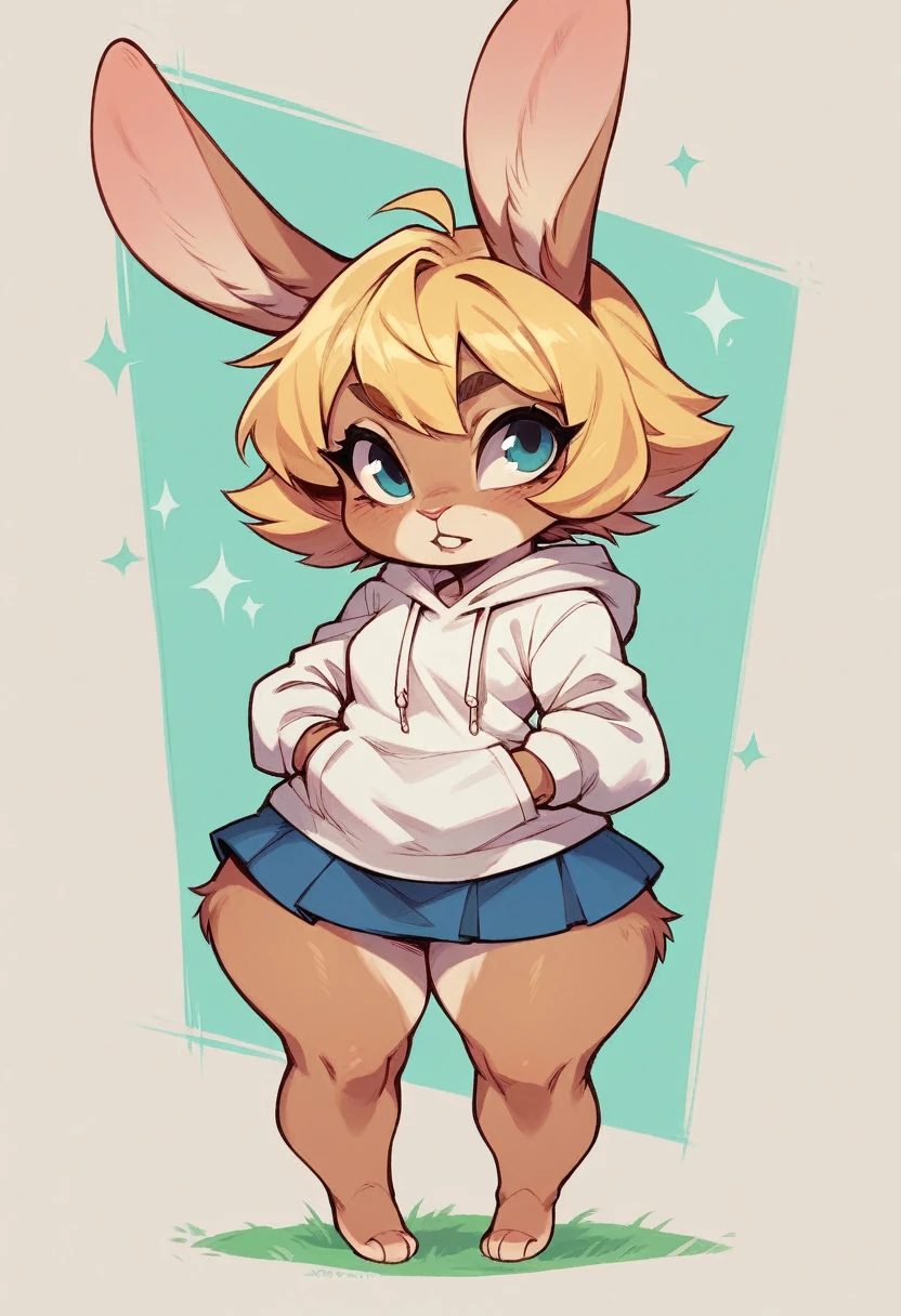 Furry bunny female, short stack, Blonde hair , hoodie, skirt ,big wide hips , bunny ears , 