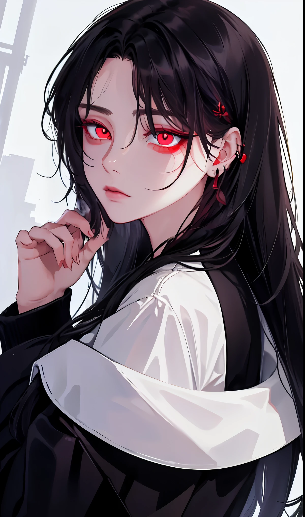 1girl, earrings, solo,lips, female focus, red eyes, looking at viewer, black hair, long hair, closed mouth, Cigarette in the mouth