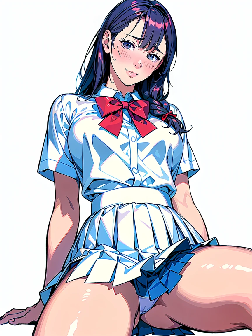 (Highest quality、Masterpiece、、Highest quality、Hyperrealism、Ultra HD)、(White polyester collared blouse:1.2)、(Navy Pleated Skirt:1.4)、( Red bow tie on chest:1.1)、Perfect Style、Perfect body line、Large Breasts、Slender body、Perfect beautiful anime style、Smooth anime CG art、(The simplest pure white background:1.1)、Sitting、Thighs、(Open your crotch to see your panties:1.1)、(Panties shot from below:1.1)、Embarrassed expression、blush、smile