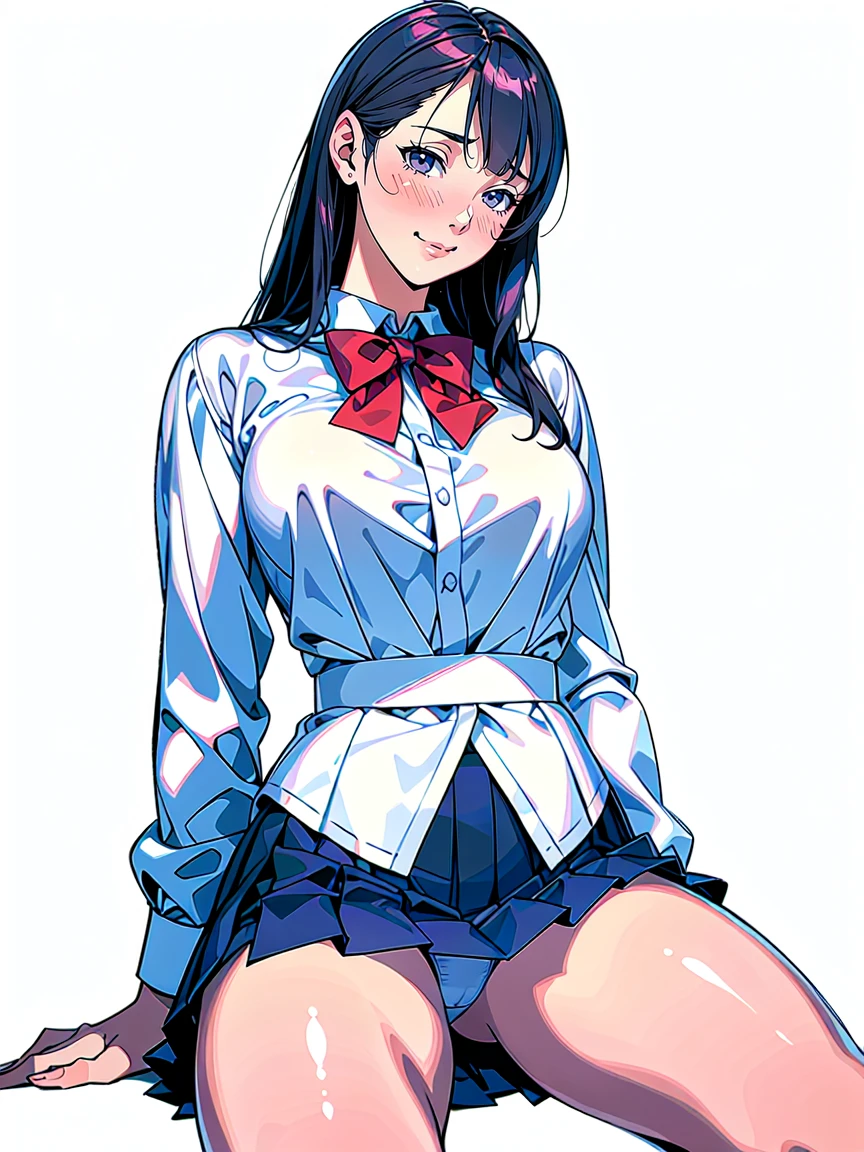 (Highest quality、Masterpiece、、Highest quality、Hyperrealism、Ultra HD)、(White polyester collared blouse:1.2)、(Navy Pleated Skirt:1.4)、( Red bow tie on chest:1.1)、Perfect Style、Perfect body line、Large 、Slender body、Perfect beautiful anime style、Smooth anime CG art、(The simplest pure white background:1.1)、SittThighs、(Open your crotch to see your panties:1.1ies shot from .1)、Embarrassed expression、blush、smile