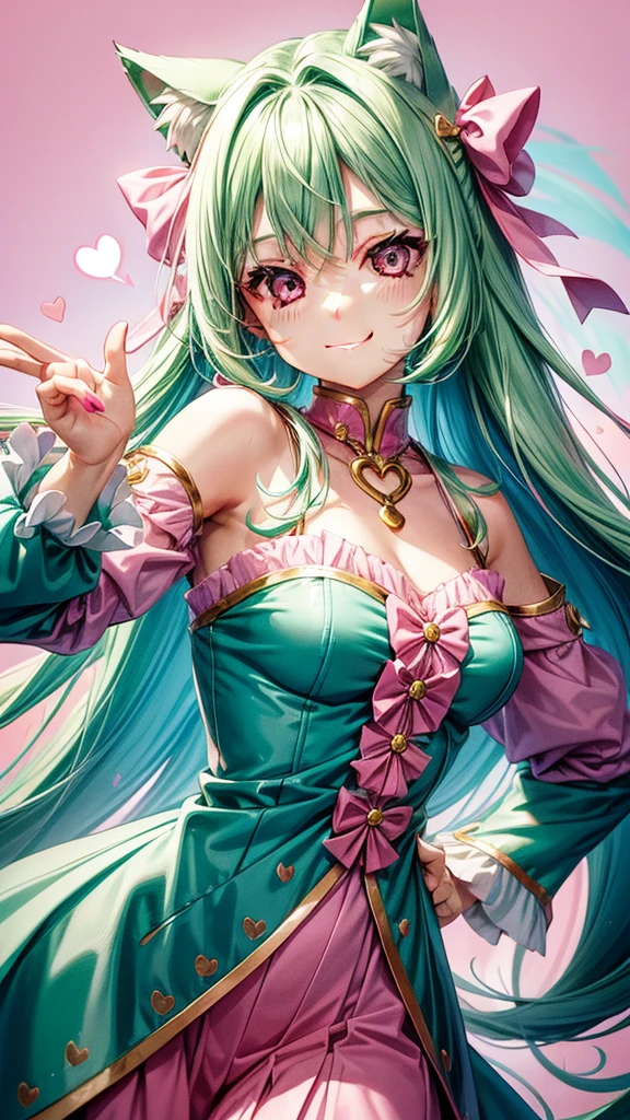 (( Pink green hair color)), pink eyes, woman, teal blue gold clothes,happy face, cat ears, hearts, floating hearts, face only,  long hair, smiling, hair ornament, up close face, sexy women, closed mouth smile, up closeface, hair bows