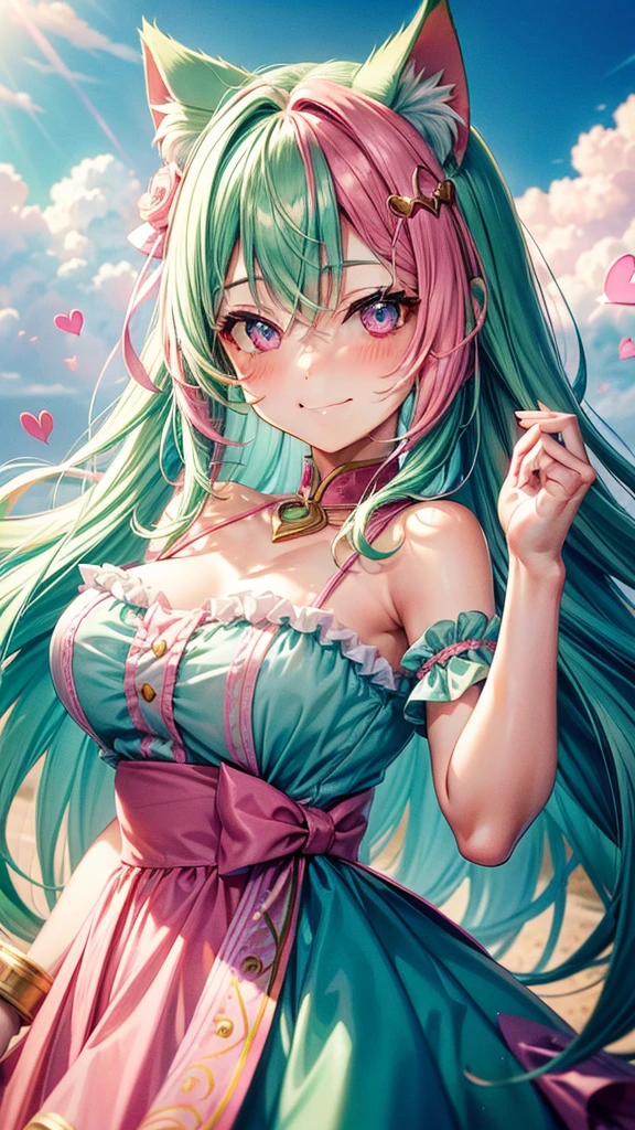 (( Pink green hair color)), pink eyes, woman, teal blue gold clothes,happy face, cat ears, hearts, floating hearts, face only, long hair, smiling, hair ornament, up close face, sexy women, closed mouth smile, up closeface, hair bows