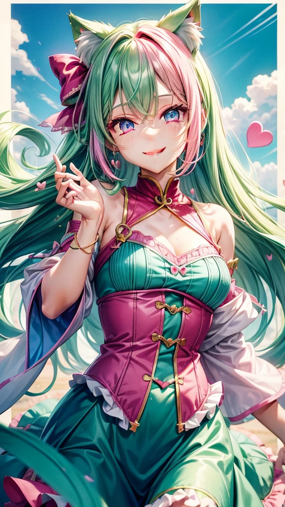 (( Pink green hair color)), pink eyes, woman, teal blue gold clothes,happy face, cat ears, hearts, floating hearts, face only,  long hair, smiling, hair ornament, up close face, sexy women, closed mouth smile, up closeface, hair bows